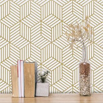 MelunMer Gold and White Geometric Peel and Stick Wallpaper 