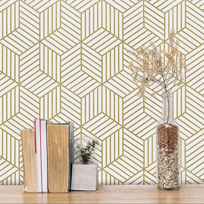 MelunMer Gold and White Geometric Peel and Stick Wallpaper