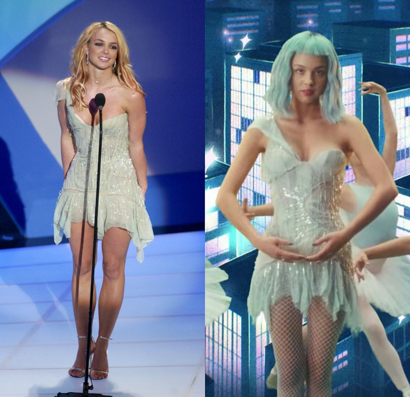 Britney Spears and Olivia Rodrigo wearing the same Roberto Cavalli dress from 2003.