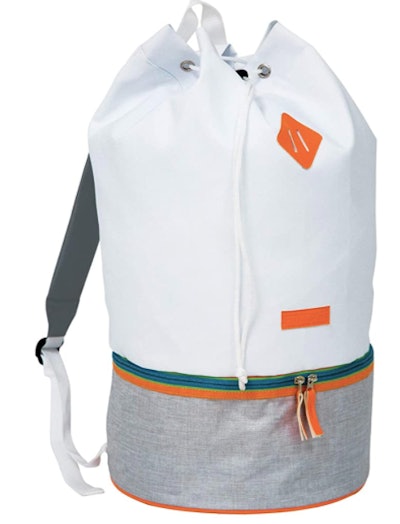 White bucket backpack with drawstring