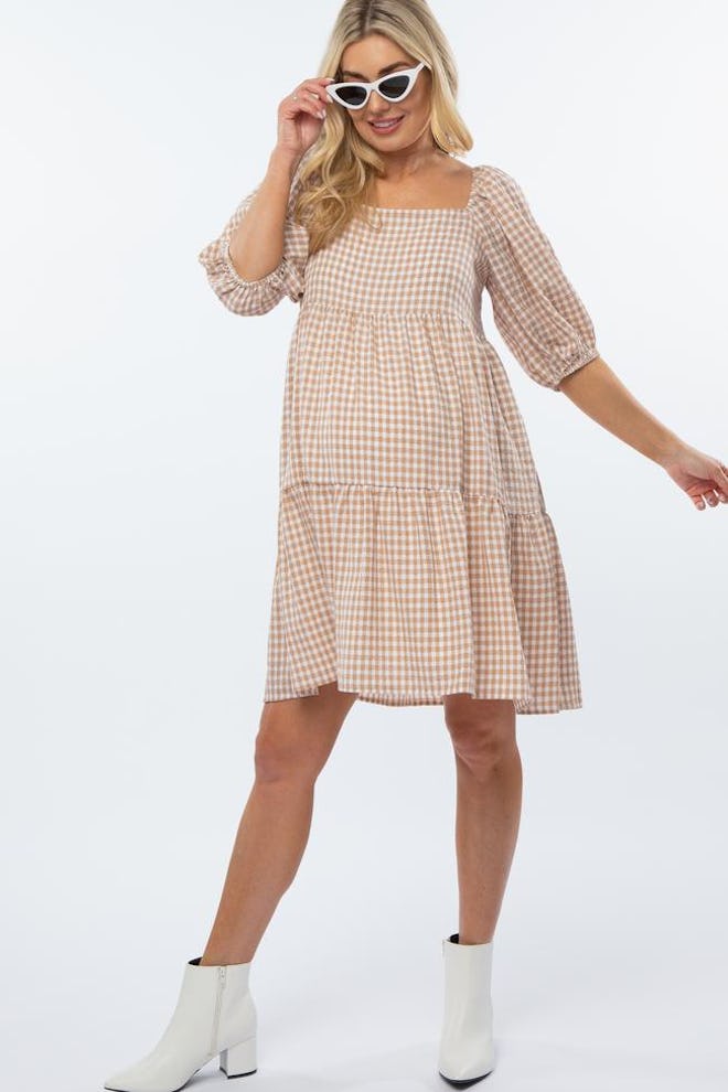 Taupe Square Neck Checkered Pleated Tier Maternity Dress