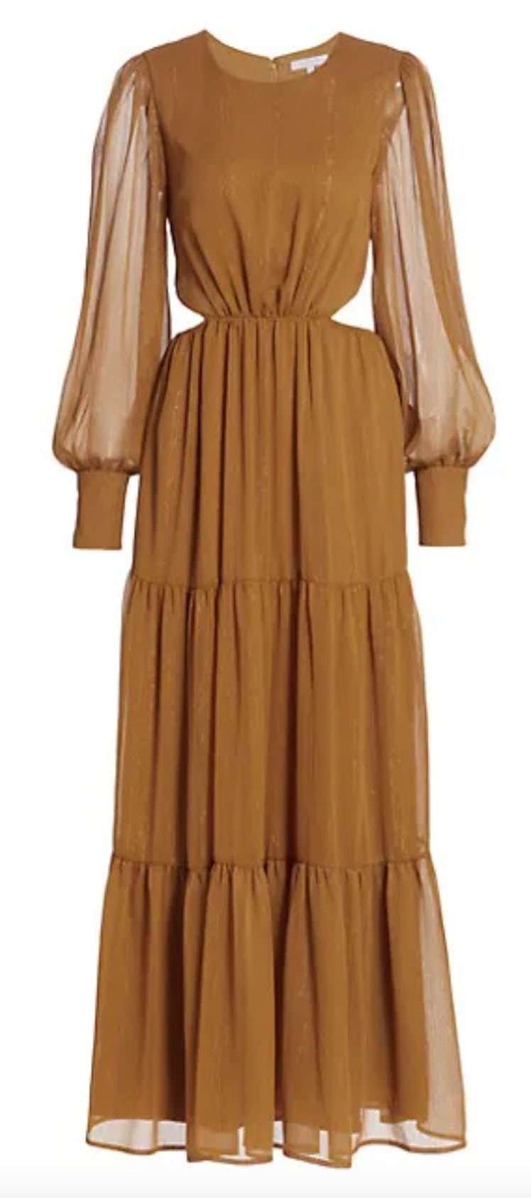 Wayf's Gina tiered cutout maxi dress in the color saffron. 