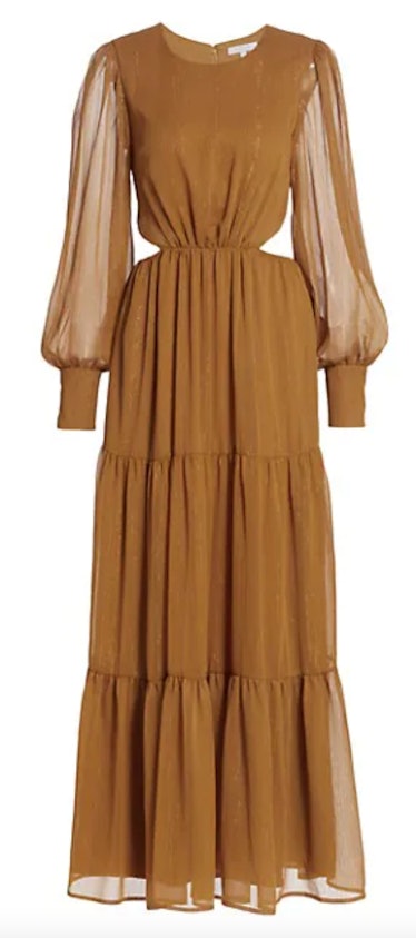 Wayf's Gina tiered cutout maxi dress in the color saffron. 