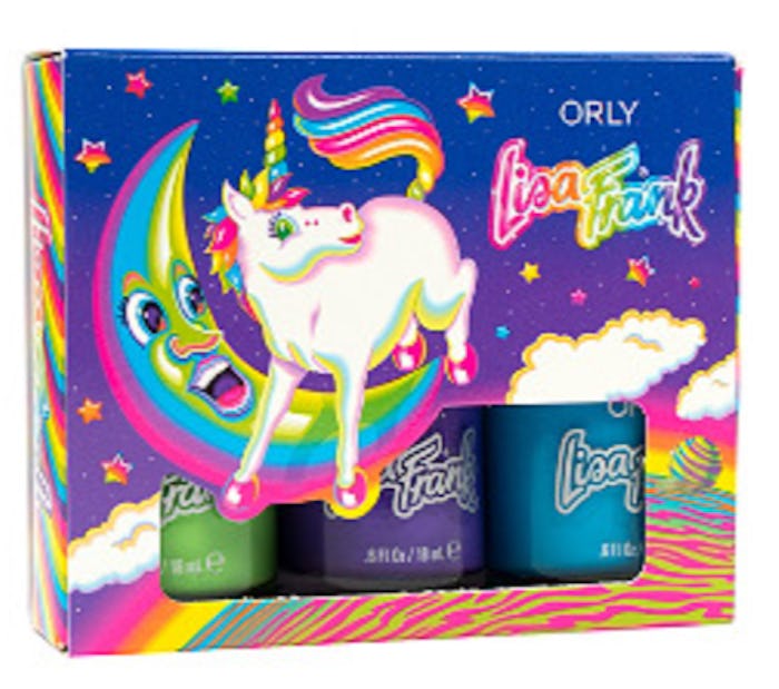 Image of one of the new Orly X Lisa Frank nail polish kits, inspired by Markie the unicorn, holding ...
