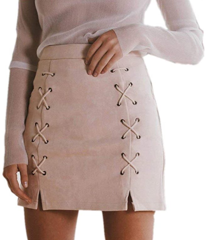 katiewens Lace Up Faux Suede Mini Pencil Skirt