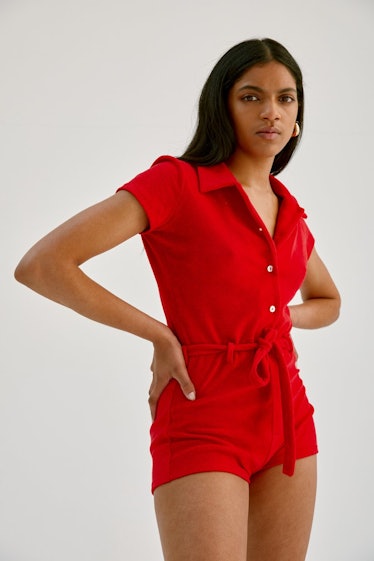 Red Abrazo Jumpsuit in Velour Terry from Musier Paris.