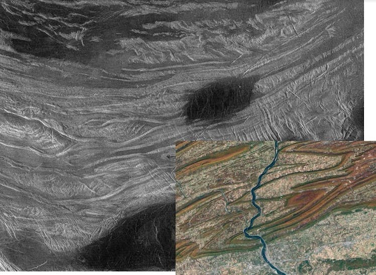 Fold mountains in Ovda Regio, Venus. The insert is a similar view of part of the Applachians in cent...