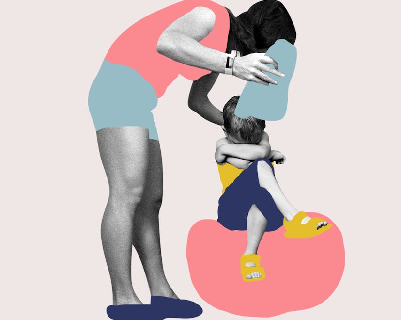 An abstract collage of a mother during a toddler clothes battle holding a piece of clothing with her...