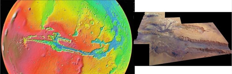 Valles Marineris seen in a color-coded topographic view as if from 5,000 km (3,107 miles) above the ...
