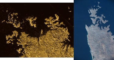 Left: Part of Titan’s Ligeia Mare, showing a coastline with valleys drowned by a sea of liquid metha...