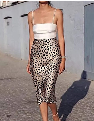 Soowalaoo High Waist Leopard Midi Skirt