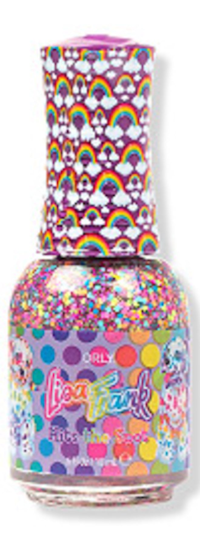 Image of Orly X Lisa Frank Confetti Topper nail lacquer, with circular multicolor bits of confetti. 