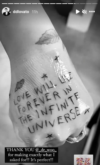 Demi Lovato's new hand tattoo made its Instagram debut. The new ink is a sweet lyric with a personal...