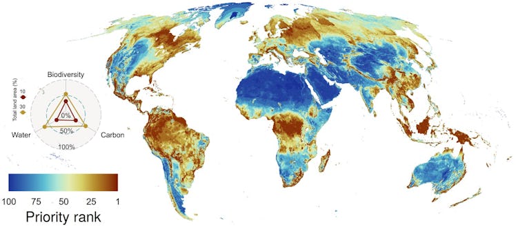 A map of the highest priority areas for biodiversity, water, and carbon conservation. 