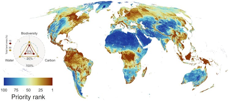 A map of the highest priority areas for biodiversity, water, and carbon conservation. 