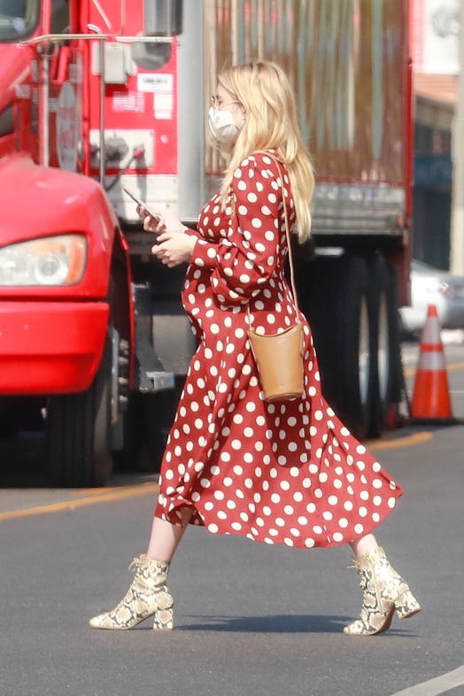 Emma Roberts' wearing a red and white polka dot from Zara in Los Angeles in October 2020. 