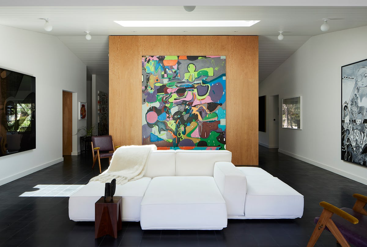 Surrounding a Marechiaro XIII sofa by Arflex are (from left) Adam Pendleton’s System of Display, F (...