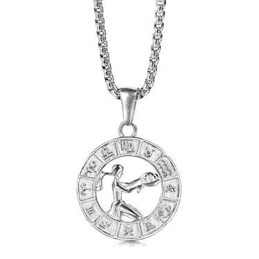 Silver Color 12 Horoscope Zodiac Sign Pendant Necklace For Women Men Stainless Steel Constellations ...