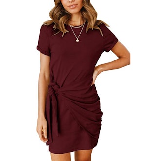 MEROKEETY Tie Waist Ruched Bodycon Dress