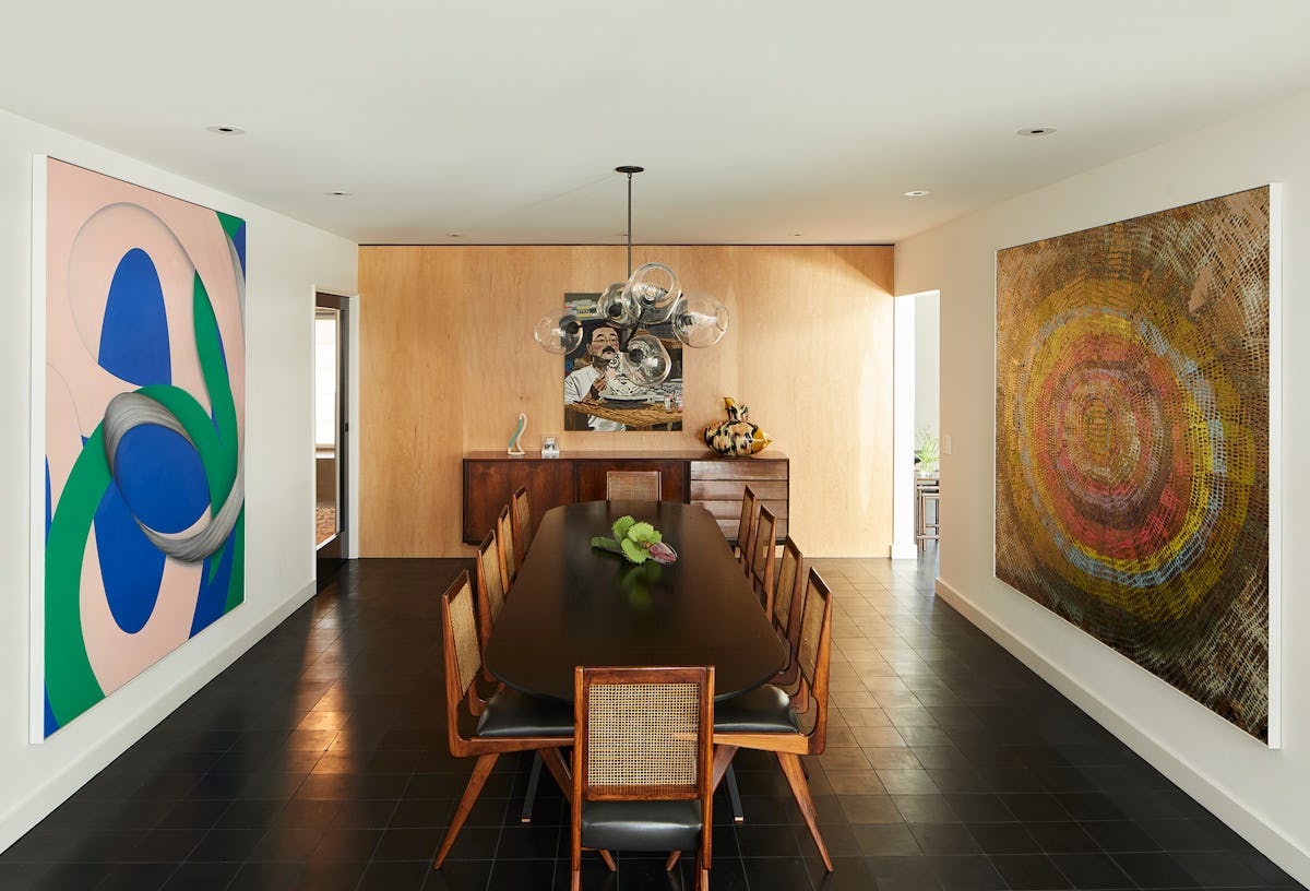 A view of the dining room, with Lesley Vance’s Untitled, 2019–2020, Jonas Wood’s Akio Takamori, 2014...