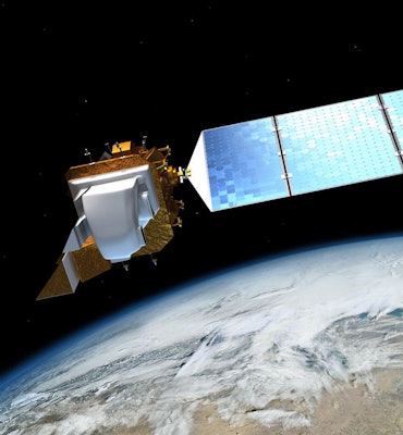 An illustration of the Landsat 8 satellite orbiting Earth