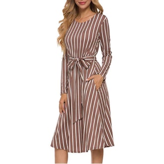 levaca Flowy Striped Long Sleeve Midi Dress with Belt & Pockets