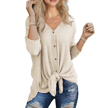 IWOLLENCE Waffle Knit Tie Knot Henley Tunic Blouse