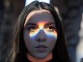 Young Woman Looking Away with rainbow light refracting off her face during the September 2021 new mo...