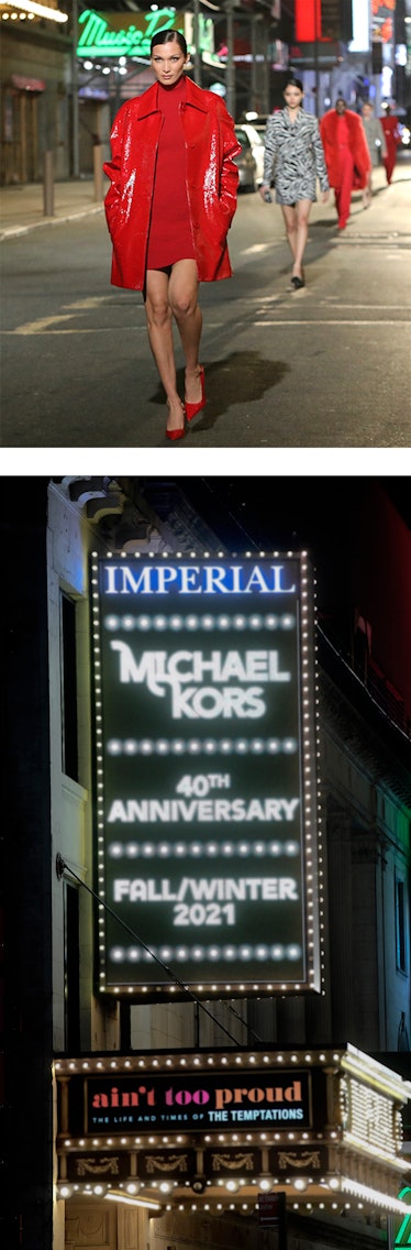 From top: Bella Hadid walking the runway; the marquee at the Imperial Theatre, celebrating Kors's 40...