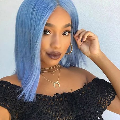 Synthetic Wig Straight Deep Parting Wig Medium Length Blue Synthetic Hair 15 inch Women's Blue