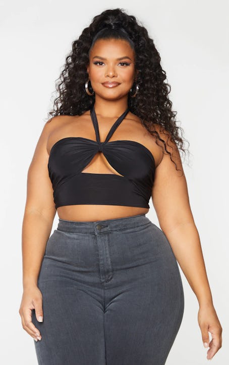 Plus Black Cut Out Halterneck Crop Top