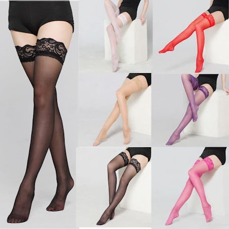 Canis Lady Women Sheer Lace Garter Stay Up Thigh High Hold-ups Stockings Pantyhose