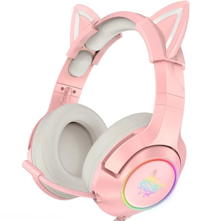 Onikuma Wired Headphones Stereo Dynamic Drivers Noise Reduction Headset 3.5MM RGB Luminous Pink Cat ...