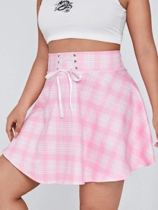 Plus Plaid Print Lace Up Front Zip Back Skirt