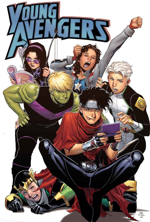 The Young Avengers appear on the cover of their eponymous Marvel comic book.