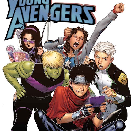 The Young Avengers appear on the cover of their eponymous Marvel comic book.