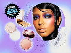 A collage with a woman with dark hair, purple-blue eyeshadow and pink glow blush and four of the 202...