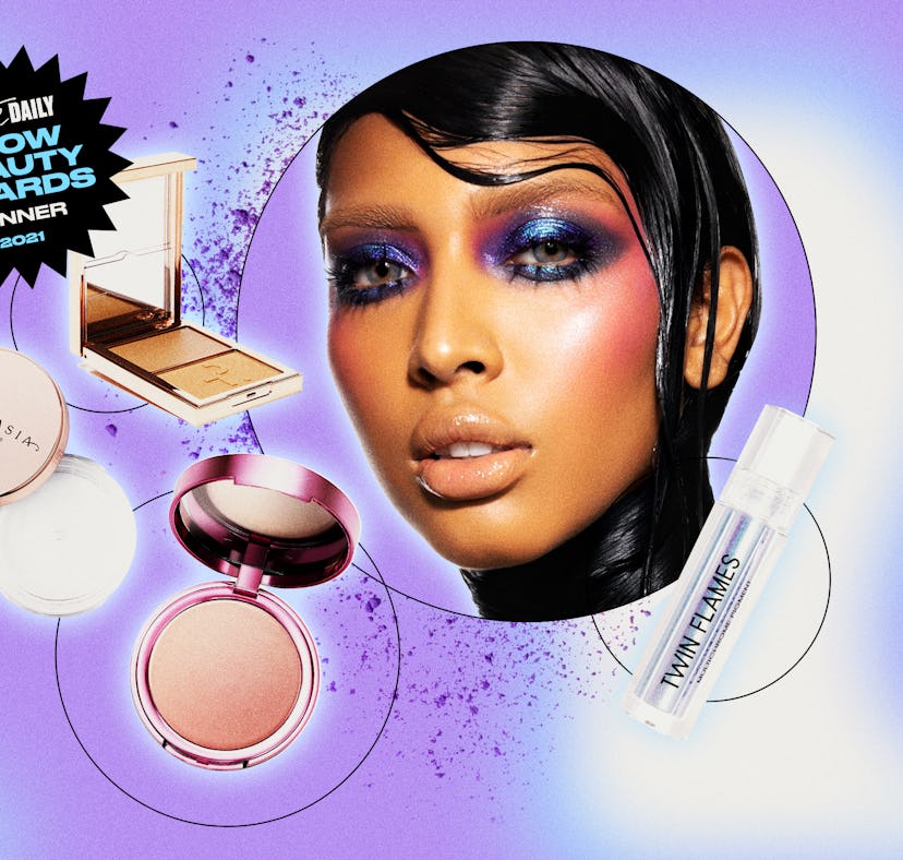 A collage with a woman with dark hair, purple-blue eyeshadow and pink glow blush and four of the 202...