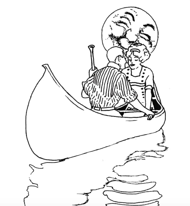 Illustration of a couple kissing in a canoe