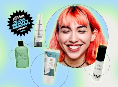 A collage with a red-haired woman smiling and four top-tier hair care products