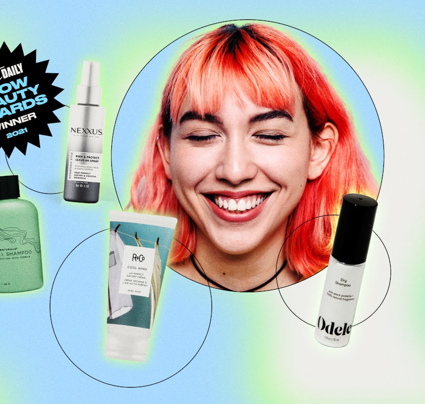 A collage with a red-haired woman smiling and four top-tier hair care products