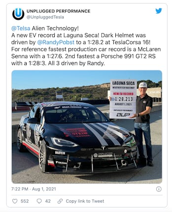 A modified Tesla Model S broke the lap record for electric vehicles at the Laguna Seca raceway. 