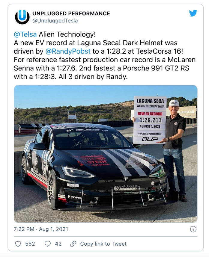 A modified Tesla Model S broke the lap record for electric vehicles at the Laguna Seca raceway. 
