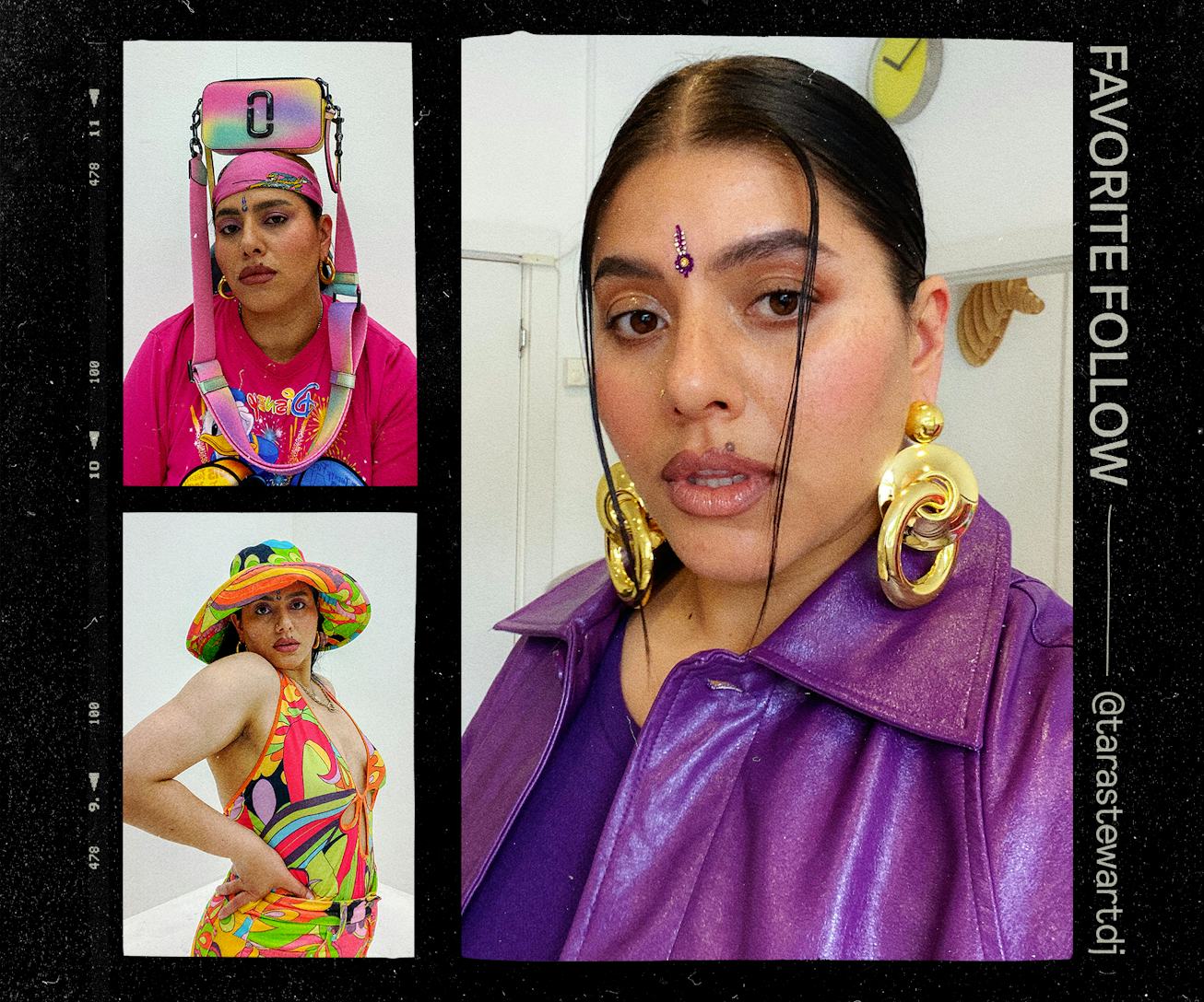 Three photos of the DJ Tara Stewart in mixed streetwear and traditional Indian clothing.