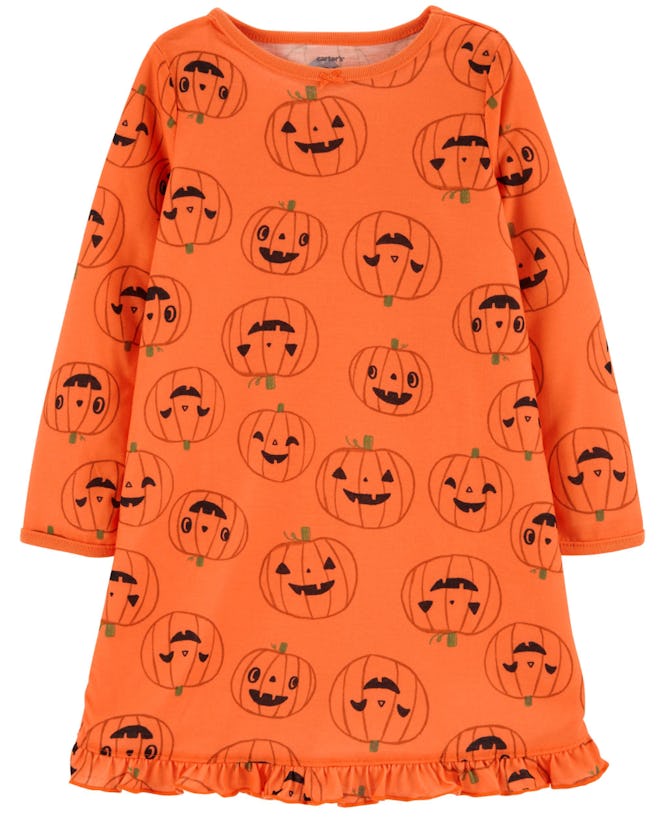 Image of an orange toddler nightgown with pumpkins on it.