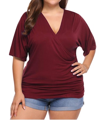 IN'VOLAND Plus Size V Neck Wrap Blouse