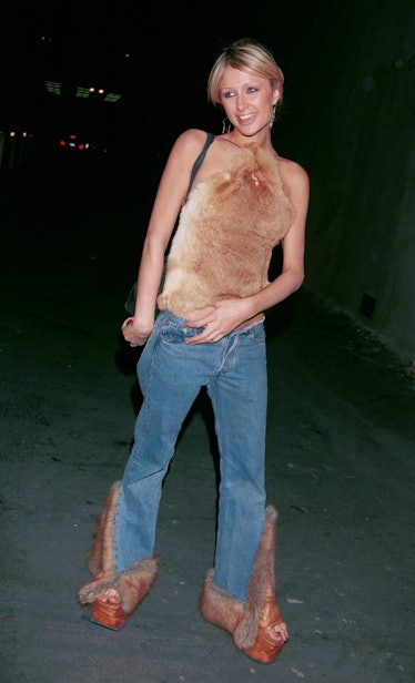 Paris Hilton wearing fur halter top