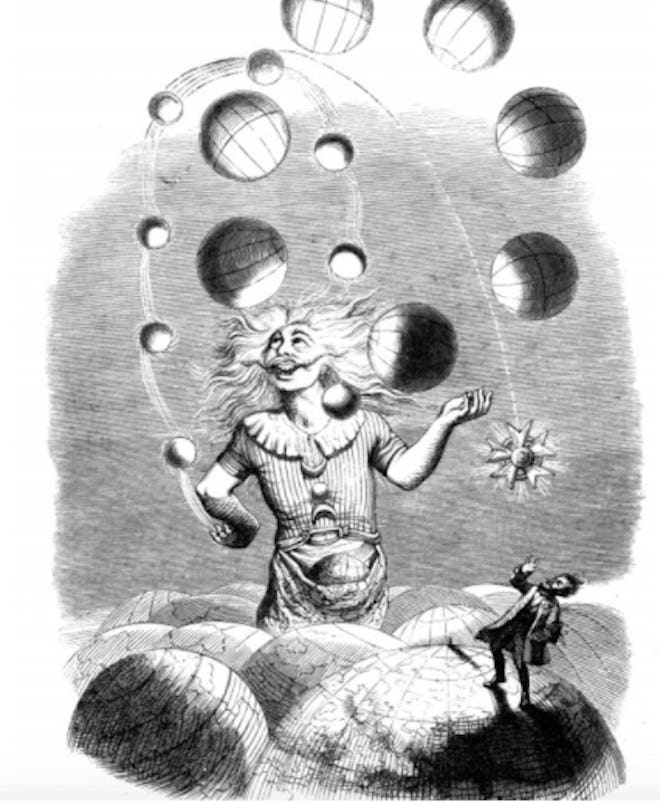 Illustration of a man juggling planets
