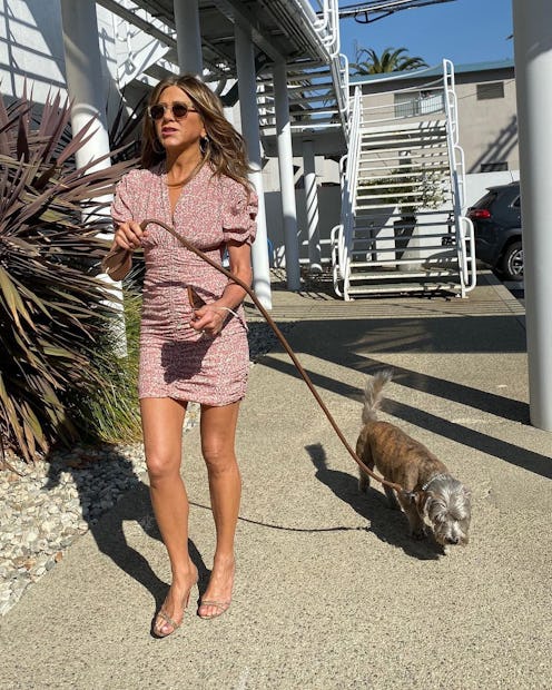 Jennifer Aniston walking her dog.