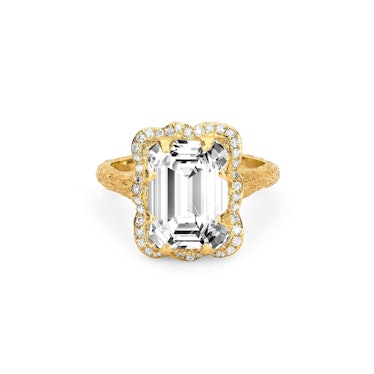 Queen Emerald Cut Diamond Setting with Full Pavé Halo from Logan Hollowell.